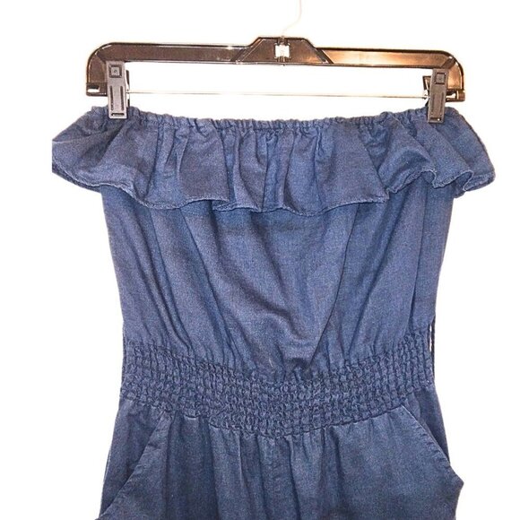 LOVE CULTURE DARK BLUE LINEN STRAPLESS RUFFLE TOP CROPPED JUMPSUIT W/ POCKETS - Picture 2 of 5